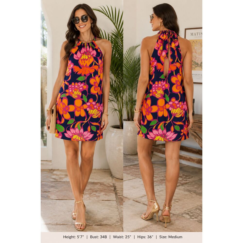 Trina Turk Juju Retro Floral Halter Mini Dress Med Retro Mod, Beachy, Resort
